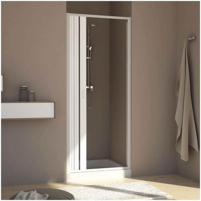 Porta doccia a soffietto PVC per nicchia H185, anta singola con profilo bianco, in bagno con pareti tortora e colonna doccia cromata