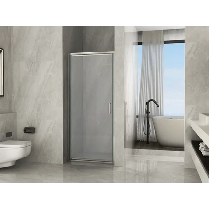 Porta doccia rototraslante opaca 6mm H190cm anta chiusa in nicchia, bagno moderno con vasca freestanding e luce naturale
