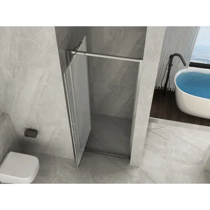 Porta doccia rototraslante cristallo opaco 6mm H190cm aperta in nicchia, vista dall'alto con barra di supporto cromata