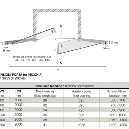 Schema tecnico porta doccia saloon 6mm nicchia: pianta dimensionale con apertura anta da 525 a 1025mm e tabella misure