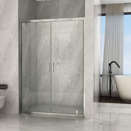 Porta doccia saloon trasparente 6mm H190 con telaio, anta chiusa vista frontale in bagno moderno con vasca freestanding