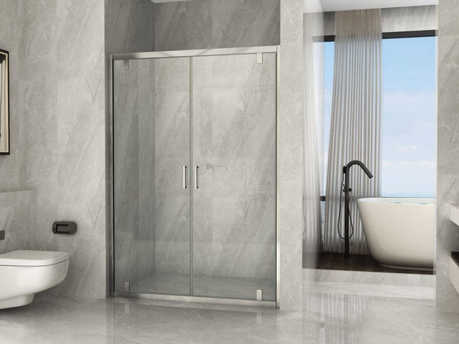 Porta doccia saloon trasparente 6mm H190 con telaio, anta chiusa vista frontale in bagno moderno con vasca freestanding