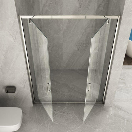 Porta doccia saloon doppia anta battente trasparente 6mm H190 con telaio cromato, aperta in bagno con rivestimento marmo