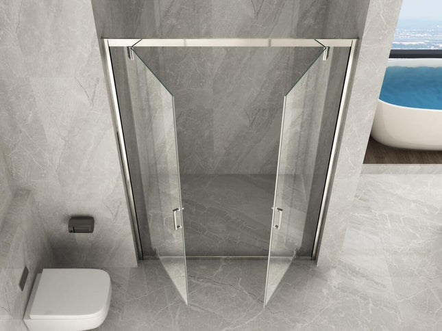 Porta doccia saloon doppia anta battente trasparente 6mm H190 con telaio cromato, aperta in bagno con rivestimento marmo