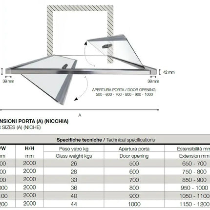Schema tecnico porta doccia saloon FPSL60 6mm nicchia: pianta con apertura da 500 a 1000mm, tabella misure da 70 a 120cm