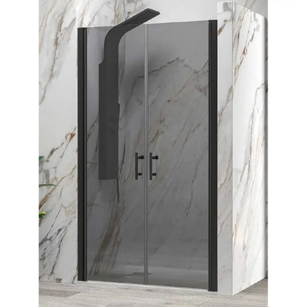 Porta doccia saloon doppia anta fumè H200 6mm profili nero opaco, cristallo scuro, bagno con rivestimento marmo classico
