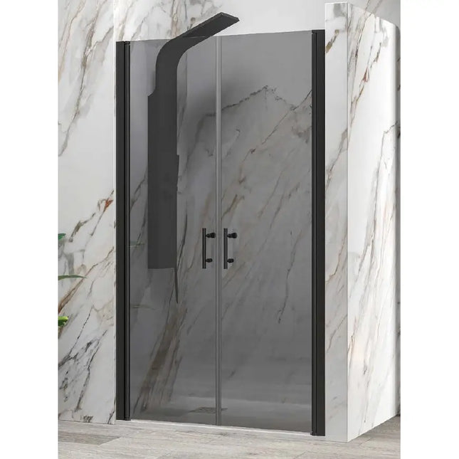 Porta doccia saloon doppia anta fumè H200 6mm profili nero opaco, cristallo scuro, bagno con rivestimento marmo classico