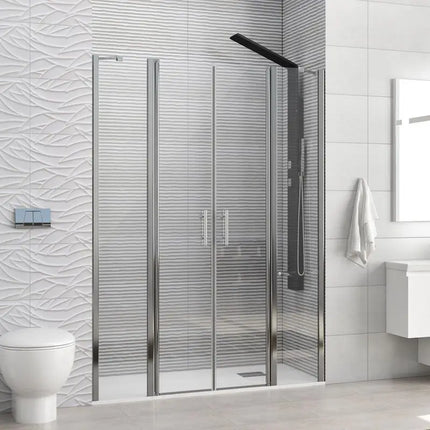 Porta doccia saloon H200 Panex 700 trasparente anticalcare 6mm, 4 ante con 2 fissi cromo, bagno rivestimento a rilievo bianco