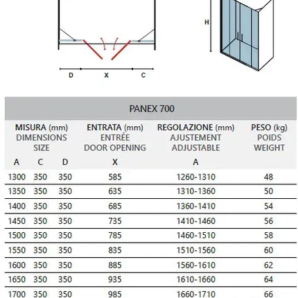 Tabella tecnica porta doccia saloon Karag Panex 700: misure da 1300 a 1800mm, entrata centrale, regolazione e peso
