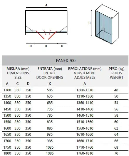 Tabella tecnica porta doccia saloon Karag Panex 700: misure da 1300 a 1800mm, entrata centrale, regolazione e peso