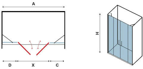 Schema tecnico apertura porta doccia saloon Panex 700: vista dall'alto e 3D con indicazione ante D, X, C e altezza H