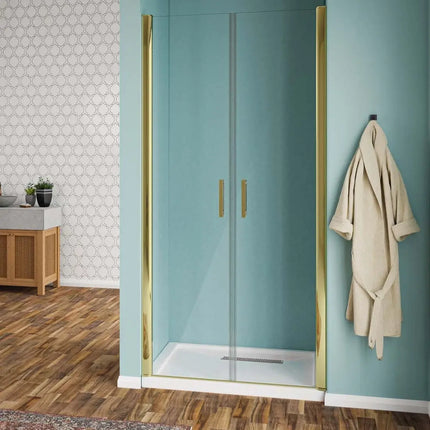 Porta doccia saloon oro H190 6mm trasparente in bagno moderno teal: doppia anta con maniglie verticali oro e piatto doccia rettangolare bianco