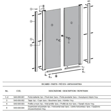 Disegno tecnico esploso porta doccia saloon Karag S28: componenti con codici ricambi, profilo a muro, guarnizioni e maniglie