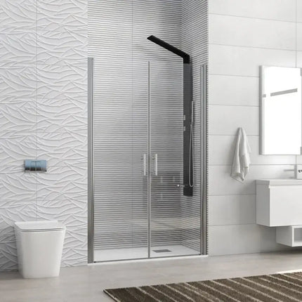 Porta doccia saloon H200 trasparente 6mm profili cromo, doppia anta battente, bagno moderno con rivestimento a rilievo bianco