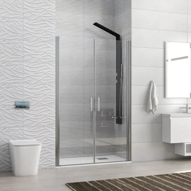 Porta doccia saloon H200 trasparente 6mm profili cromo, doppia anta battente, bagno moderno con rivestimento a rilievo bianco