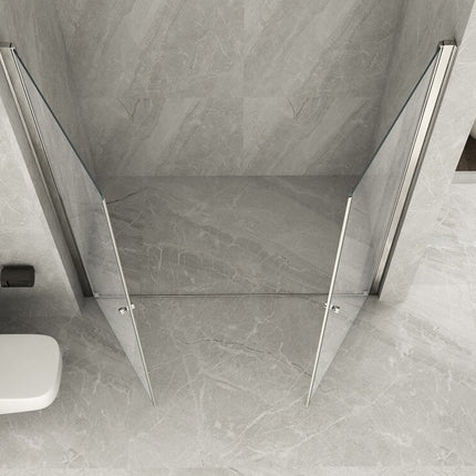 Vista zenitale porta saloon Venus 2 grandi dimensioni con ante a soffietto aperte, cristallo 8mm profili cromati, bagno con vasca laterale