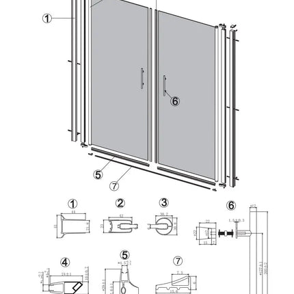 Disegno tecnico esploso porta doccia saloon Karag profili neri: componenti quotati, profilo a muro, maniglie e guarnizioni