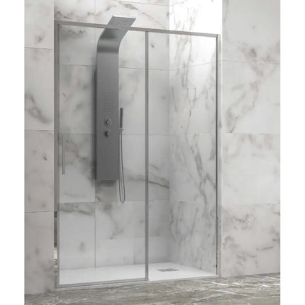Porta doccia scorrevole H200 anticalcare 6mm profili cromo, anta fissa e anta mobile trasparente, bagno marmo bianco classico