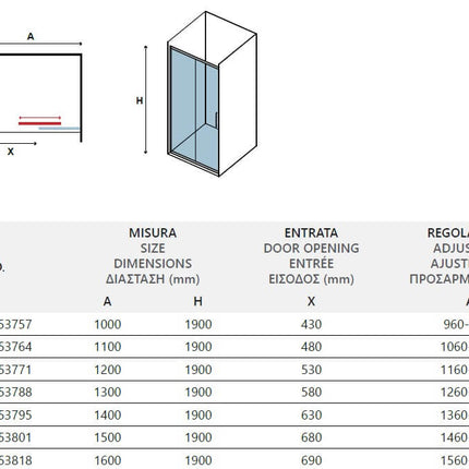 Tabella tecnica porta doccia scorrevole Karag Inox 400 H190 8mm: misure 1000–1600mm, entrata e regolazione in mm