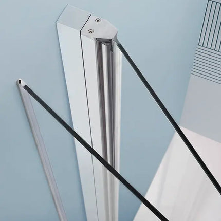 Dettaglio profilo a muro porta doccia a libro TPS35 6mm: cerniere verticali cromate con guarnizioni, porte in posizione aperta