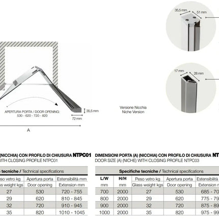 Schema tecnico porta doccia a libro TPS35 6mm nicchia: pianta con profili NTPC01/NTPC03, apertura da 530 a 820mm, tabella misure
