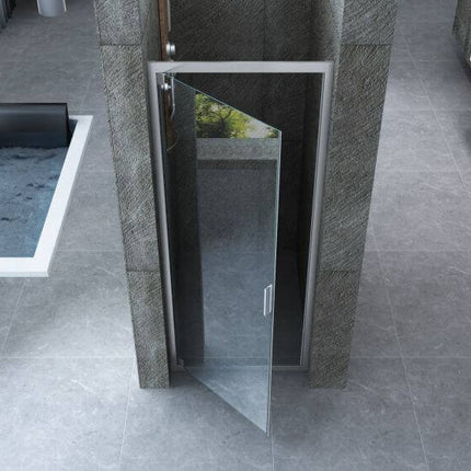 Porta doccia pivot trasparente 6mm H190 aperta verso l'esterno in nicchia, vista dall'alto, apertura a 90° in bagno grigio
