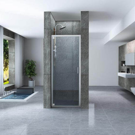 Porta doccia pivot trasparente 6mm H190 anticalcare Lineadoccia in bagno completo con vasca e sanitari, render 3D moderno