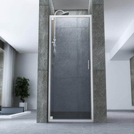 Porta doccia battente pivot cristallo trasparente 6mm H190cm in nicchia, anta chiusa vista frontale, profilo cromato anticalcare