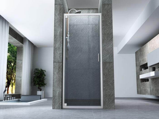 Porta doccia battente pivot cristallo trasparente 6mm H190cm in nicchia, anta chiusa vista frontale, profilo cromato anticalcare