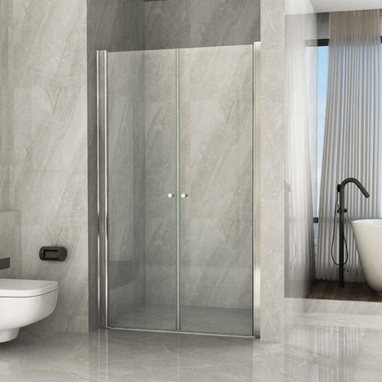 Porta saloon Nova 2.0 per nicchia H195 8mm trasparente chiusa, vista frontale in bagno luxury con vasca free-standing e rubinetteria nera