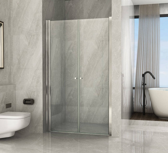Porta saloon Nova 2.0 per nicchia H195 8mm trasparente chiusa, vista frontale in bagno luxury con vasca free-standing e rubinetteria nera