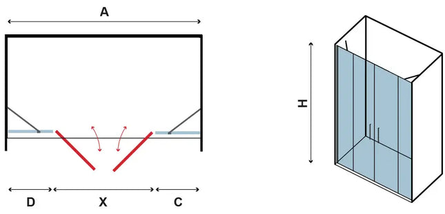 Schema tecnico apertura porta doccia saloon Panex 700: vista dall'alto e 3D con indicazione ante D, X, C e altezza H