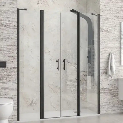 Porta doccia saloon H200 Panex 700 trasparente 6mm profili nero opaco, 4 ante con doppia apertura interna, marmo chiaro