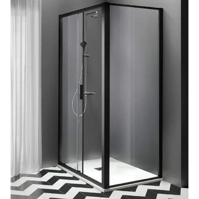 Box doccia RAPID profili neri opachi, anta scorrevole cristallo 6mm trasparente H200, lato fisso, design industrial moderno