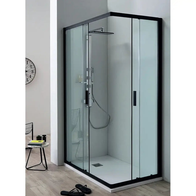 Box doccia angolare profili neri opachi, cristallo trasparente 6mm, doppia anta scorrevole H200, vista d'insieme bagno moderno