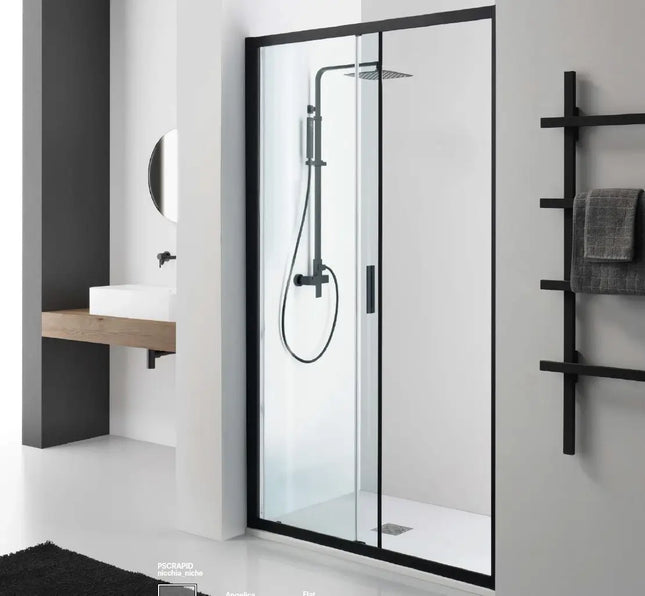 Porta doccia scorrevole RAPID 6mm anticalcare H200cm, profili nero opaco, in bagno moderno industrial con lavabo su mensola in legno
