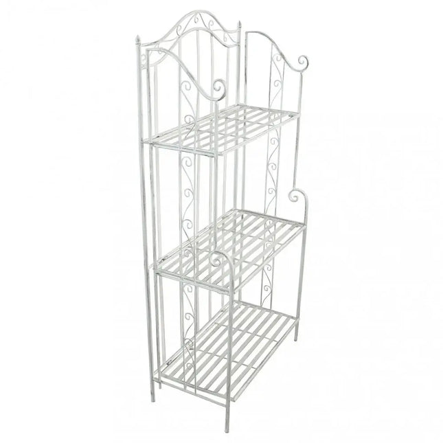 Scaffale Da Terra Stile Provenzale Ferro Bianco Intagliato 3 Ripiani Bianco Opaco