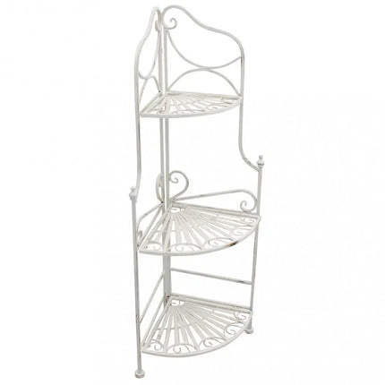 Scaffale Angolare Stile Provenzale Ferro Bianco Intagliato 3 Ripiani
