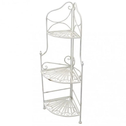 Scaffale Angolare Stile Provenzale Ferro Bianco Intagliato 3 Ripiani Bianco Opaco