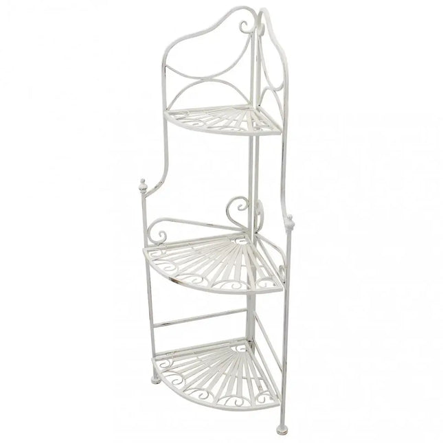 Scaffale Angolare Stile Provenzale Ferro Bianco Intagliato 3 Ripiani Bianco Opaco