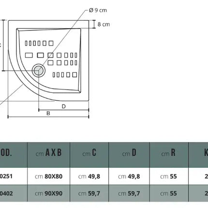 Scheda tecnica piatto doccia semicircolare Althea ITO H5.5cm: misure 80x80 e 90x90 raggio 55cm con posizione piletta Ø9cm