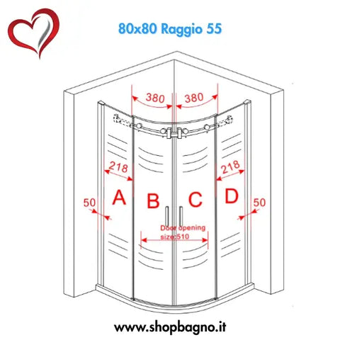 Scheda tecnica box doccia semicircolare scorrevole Virgo 80x80 raggio 55, misure delle ante e disegno quotato