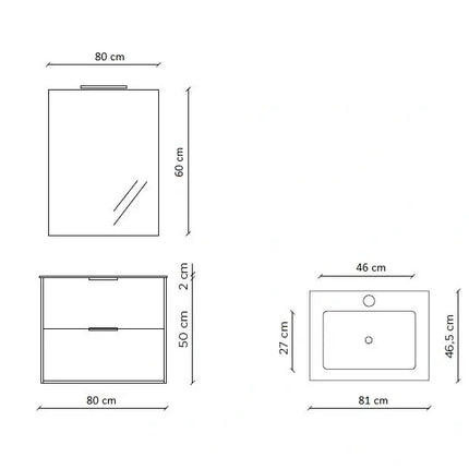 Composizione Bagno 80cm Sospesa Con Due Cassetti E Specchio Con Lampada