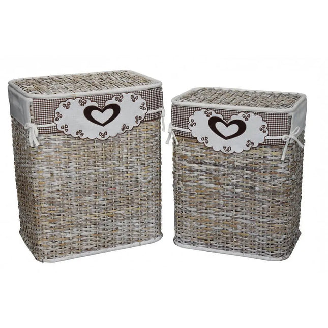 Set di 2 Cesti Porta Biancheria Rattan Color Avorio con Ricamo