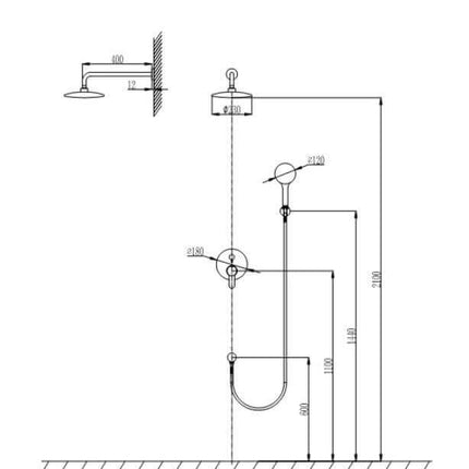 Schema tecnico set doccia a incasso con misure in millimetri, altezza 2100mm