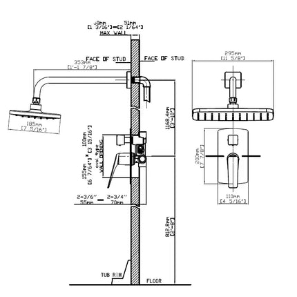 Schema tecnico installazione set doccia LEA con misure in mm e pollici