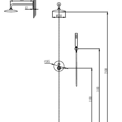 Schema tecnico set doccia INNA a incasso con misure, altezza 2100mm