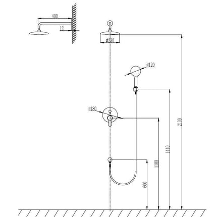 Schema tecnico set doccia termostatico cromato a incasso con misure, altezza 2100mm