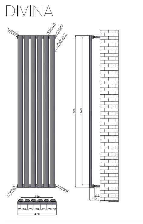 Termoarredo Radiatore Nero Opaco Tubi Verticali Design - 180x42