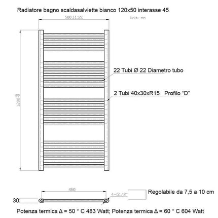 Termoarredo Scaldasalviette Bagno cm 120x50